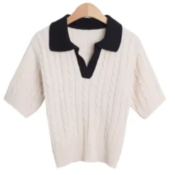 Contrast Collar Twist Short Sleeve Knitwear