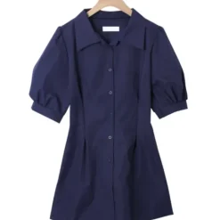 Puff Sleeve Button Front Collar Shirt Dress