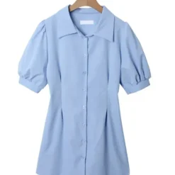 Puff Sleeve Button Front Collar Shirt Dress