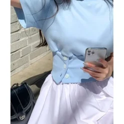 Round Neck Button Front Top