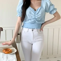 Shirring Puff Sleeve Crop Top