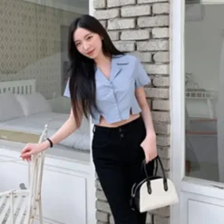 Split Front Collar Crop Shirt