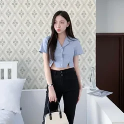 Split Front Collar Crop Shirt