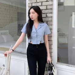 Split Front Collar Crop Shirt