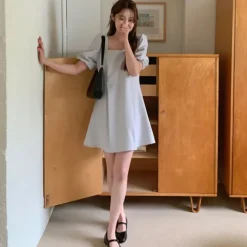 Square Neck Loose Fit Puff Sleeve Mini Dress