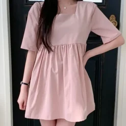 Square Neck Loose Fit Short Sleeve Mini Dress