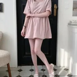 Square Neck Loose Fit Short Sleeve Mini Dress