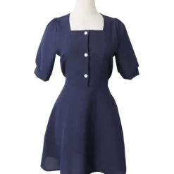 Square Neck Puff Sleeve Button Front Dress