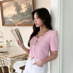 V-Neck Button Front Top