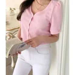 V-Neck Button Front Top