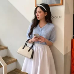 V-Neck Check Puff Sleeve Top