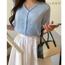 V-Neck Check Puff Sleeve Top