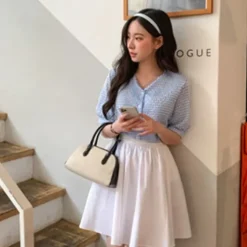 V-Neck Check Puff Sleeve Top