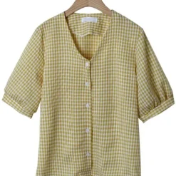 V-Neck Check Puff Sleeve Top