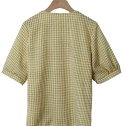 V-Neck Check Puff Sleeve Top