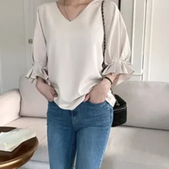 V-Neck Loose Fit Ruffle Blouse