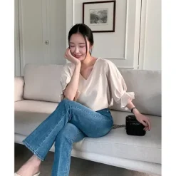 V-Neck Loose Fit Ruffle Blouse