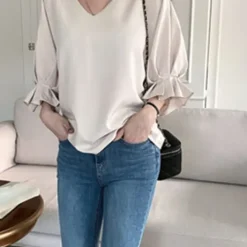 V-Neck Loose Fit Ruffle Blouse