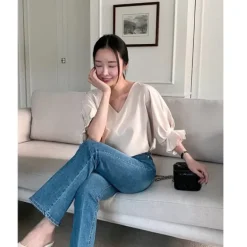 V-Neck Loose Fit Ruffle Blouse