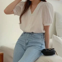 V-Neck Puff Sleeve Blouse