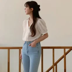 V-Neck Puff Sleeve Blouse