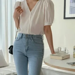V-Neck Puff Sleeve Blouse